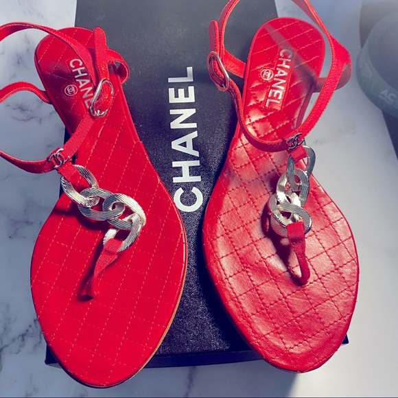 CHANEL Shoes - Chanel Red Sandals With Silver, Size 38, (7 1/2)